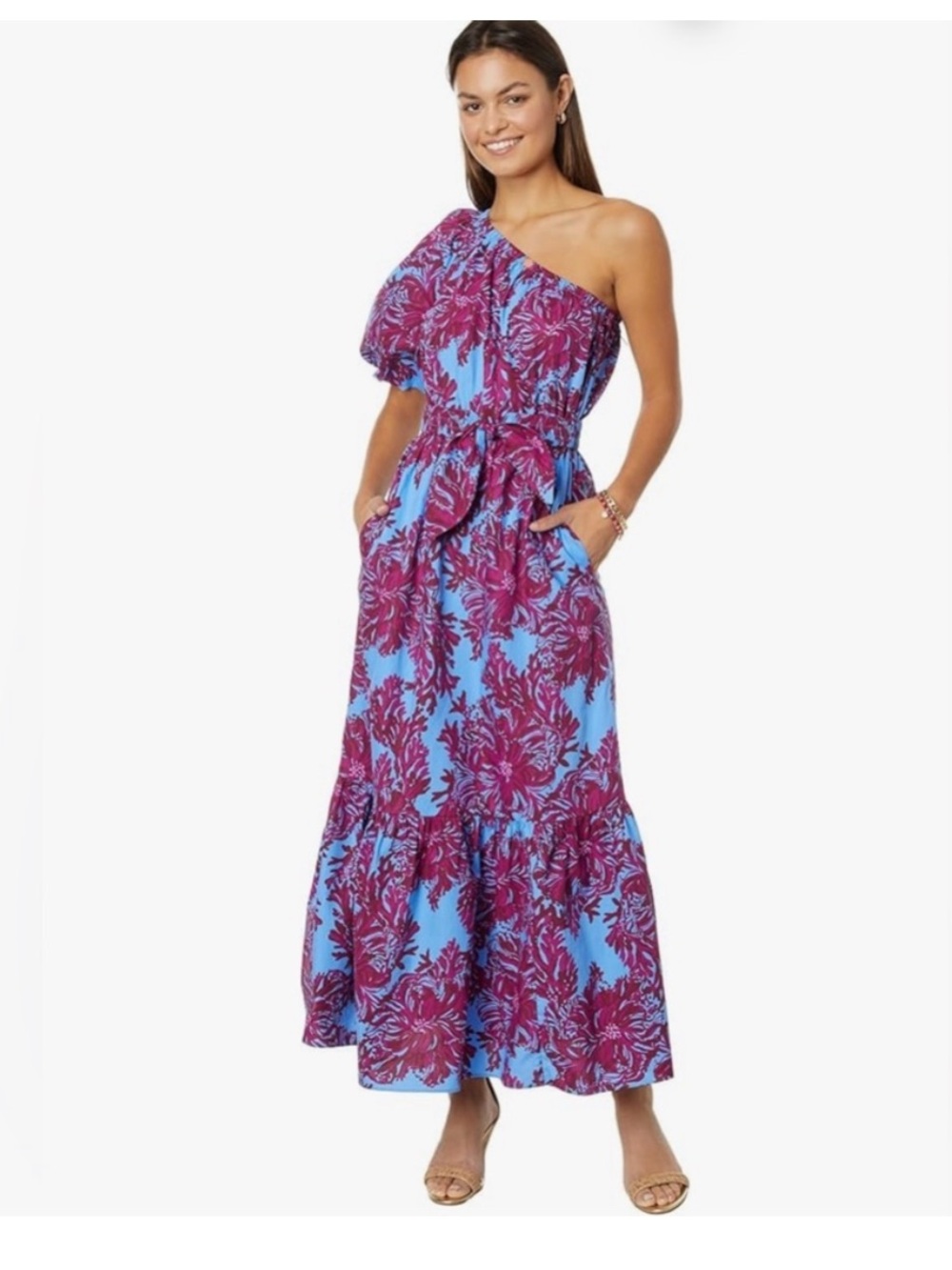 Lilly Pulitzer zelalLynn NWT Blue and Magenta One-Shoulder Floral Maxi Dress